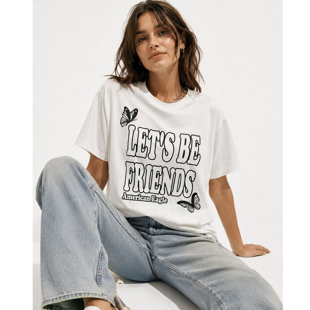 NWOT American Eagle Let's Be Friends Butterfly Tee White Size M